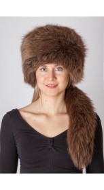 Brown fox fur hat with tail